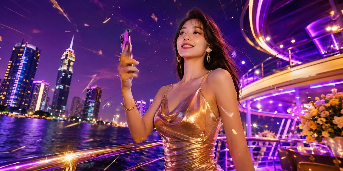 Người dùng tại Sài Gòn trải nghiệm xổ số trực tuyến trên điện thoại trong không gian neon rực rỡ