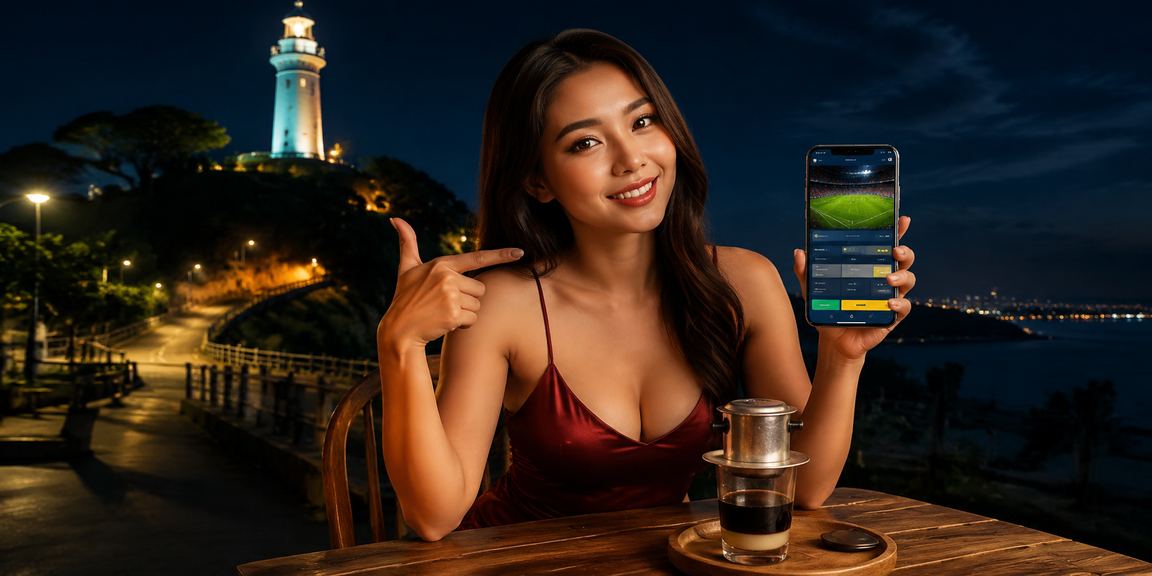 Người dùng tại Vũng Tàu đặt cược thể thao trên điện thoại trong quán cà phê buổi tối
